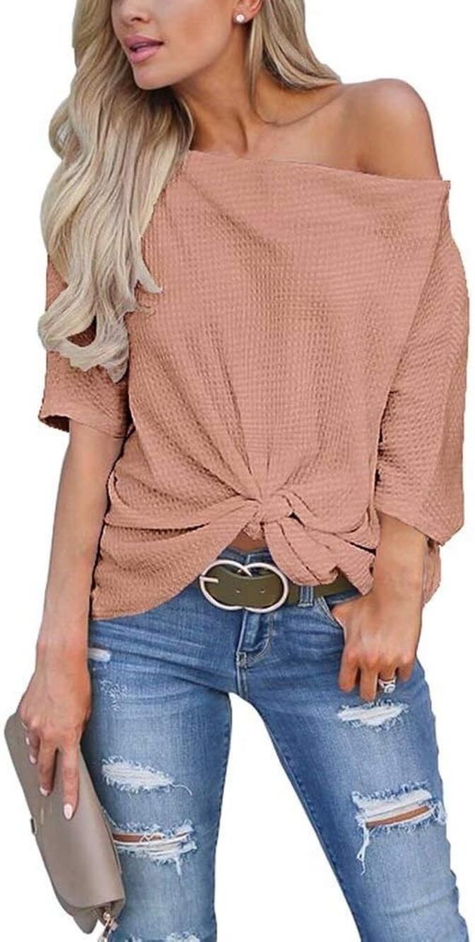 Women’s 2XL Pink Waffle Knit Off Shoulder Knot Batwing Top Shirt